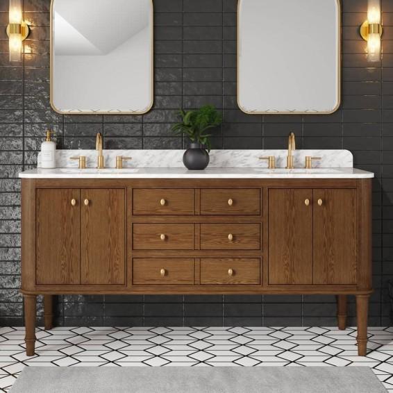 HDC Collette 72 in. Double Sink Cinnamon Oak Bath Vanity with Carrara White Marble Top - Est Retail $1,619
