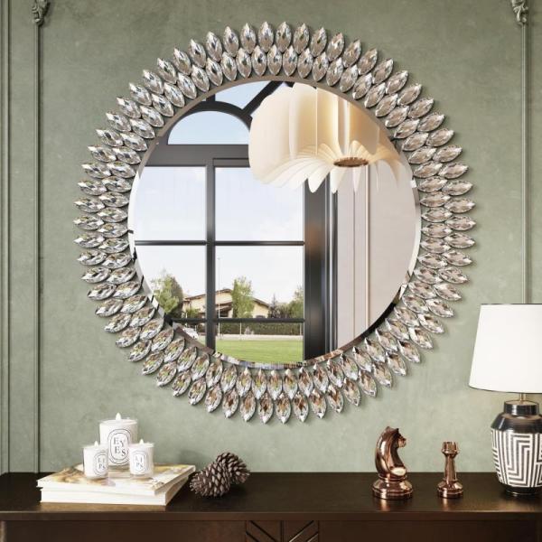 Home - Delma LED Bathroom Mirror with Lights, Round Jeweled Mirror, Canvas Wall Art Painting - MSRP $1,255
