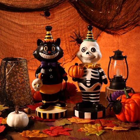 NEW - Halloween Cat & Skeleton Vintage Style Decorative Figurines - MSRP $815