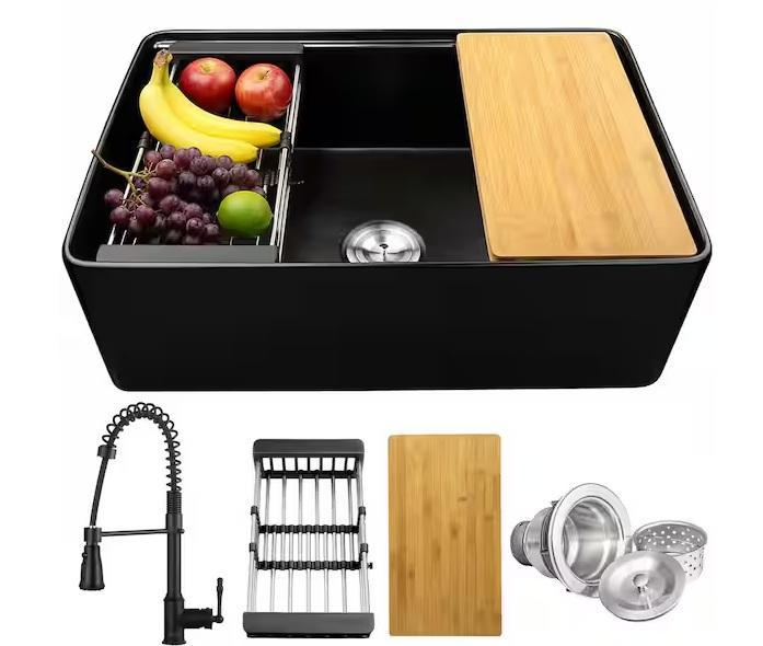 Plumbing- AKDY Fireclay 33in Workstation Sink, VEVOR, Glacier Bay, SKYSHALO, Swiss Madison, NTQ, HDC -Est Retail $3,393