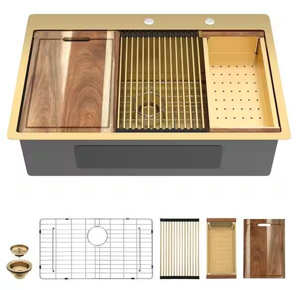 Plumbing - Fulorni Workstation Golden Kitchen Sink, HDC Sink Vanity Top, Glacier Bay, Zenna Home - Est Retail $1,376