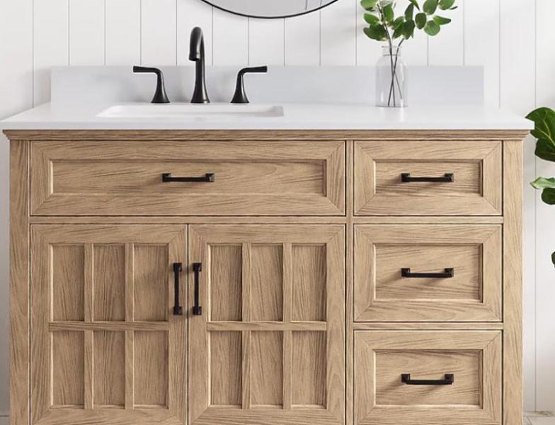 Allen+Roth Cantrell 48in Clear Oak Undermount Single Sink Bathroom Vanity, Winslow 7pc Patio Dining Set - MSRP $2,751