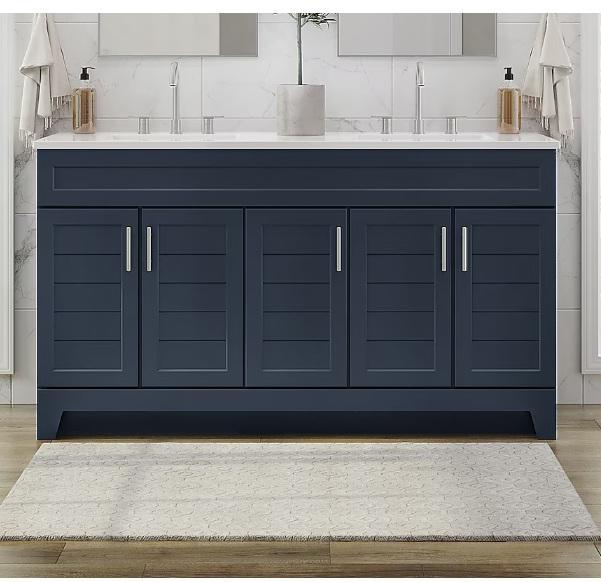 Style Selections Kirkman 60in Deep Ocean Blue Double Sink Bathroom Vanity, Project Source Dover 24in - MSRP $2,809