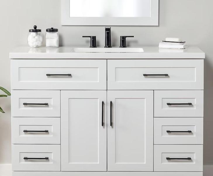 Style Selections Cauley 48in True White Sink Bathroom Vanity, DEWALT Stealthsonic Quiet 12gal 5.5HP Vacuum -MSRP $2,498