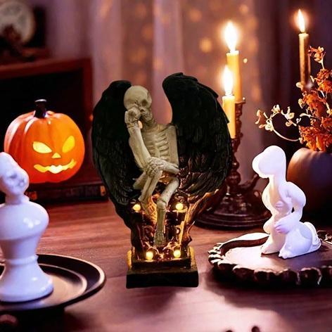 NEW - Gothic Winged Skeleton LED-Lit Resin Sculptures - MSRP $719