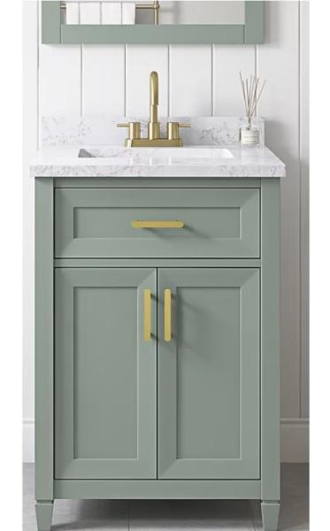 Allen+Roth Lancashire 24in Sage Green Single Sink Bathroom Vanity, Zoeller 115V 65gal Pedestal Sump Pump - MSRP $2,920