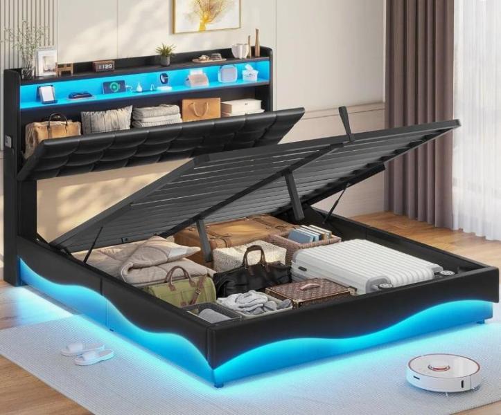 Housewares - Lift Up Storage Bed Frame, Bensu Boucle Upholstered Platform Bed, Dalpat Iron Armchair - MSRP $2,408