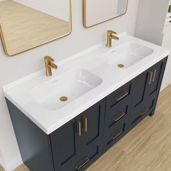 Plumbing- NTQ 60inx20in Double Solid Surface White Vanity Top, HOLDRITE, Latitude 59, HDC, SKYSHALO - Est Retail $1,599