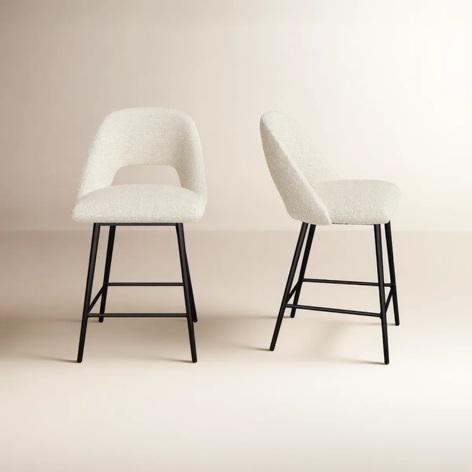 Home Decor - Valdez Boucle Bar Stool, Rectangle Crystal Chandelier, Rattan Dining Chairs, Curio Cabinet - MSRP $12,521