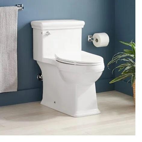 Signature Hardware SHKW241SWH Elongated Skirted Chair Height Toilet - MSRP $824