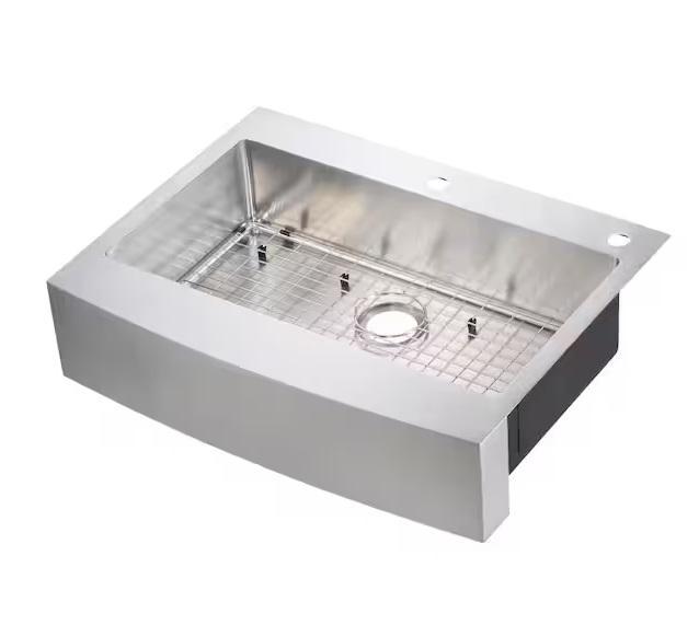 Plumbing - Glacier Bay 33in Farmhouse Apron Front Kitchen Sink, Master Flow Drain Pan, HDC - Est Retail $1,718