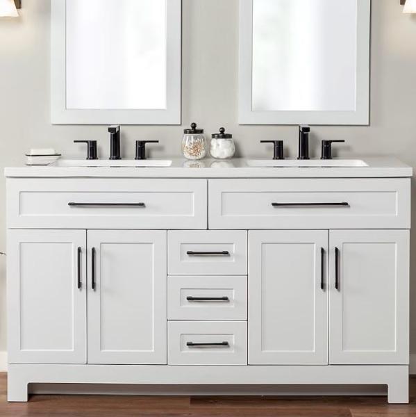 General Merchandise - Style Selections White Double Sink Bathroom Vanity - MSRP $2,198