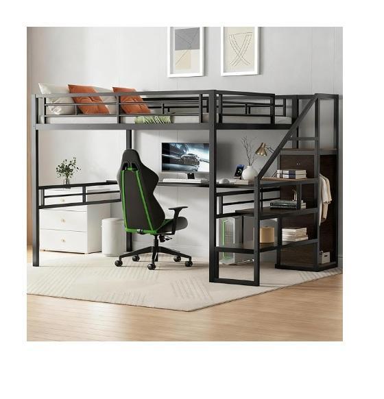 KMBOHE Full Size Loft Bed w/ Desk & Shelves, DUMOS Swivel Bar Stools, 15ft Large Patio Umbrella w/Base - MSRP $1,384
