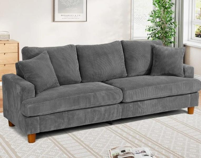 Furniture - 87" Solid Wood Leg Corduroy 3-Person Sofa, Adonia Foldable Three Person Fabric Sofa Bed - MSRP $1,588