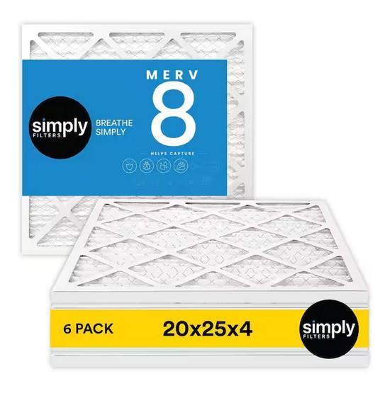 Simply 20 in. x 25 in. x 4 in. MERV 8 FPR 5 Pleated Furnace Air Filter (6-Pack) - Est Retail $1,040- 1plt