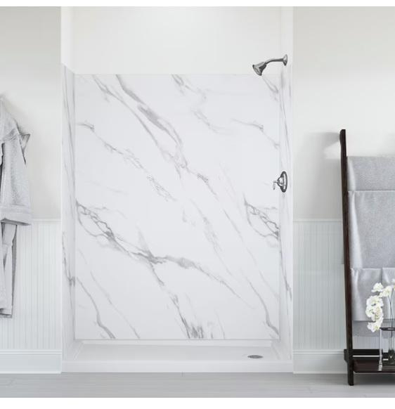 Allen+Roth Carrara White 9pc Glue Up Alcove Shower Wall Surround, Hartford Reach-in Tower System, Kobalt - MSRP $3,314