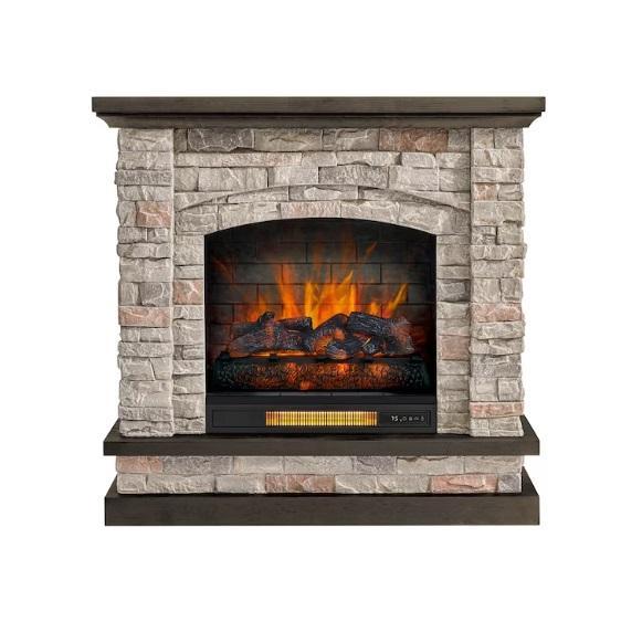 Allen+Roth 43.5inW Stacked Faux Sandstone Flat Wall Electric Fireplace, Clearbrook 7pc Patio Dining Set - MSRP $2,416