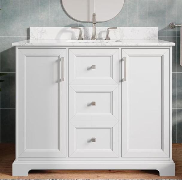Allen+Roth Pittman 42" White Undermount Single Sink Bathroom Vanity, 72"W Brown Walnut TV Stand Fireplace - MSRP $2,824