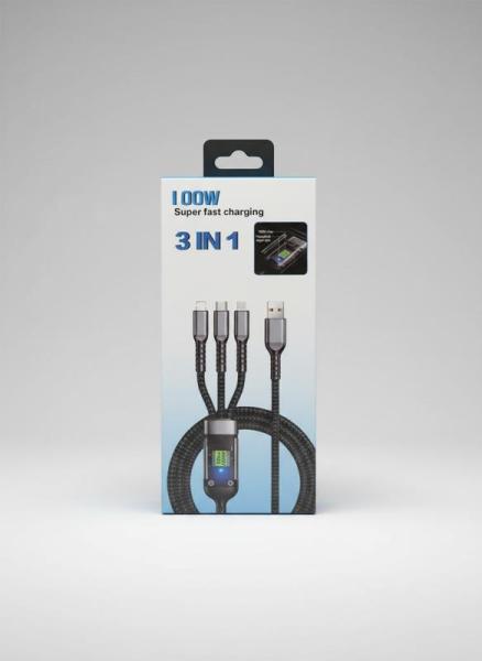 3 In 1 100W Super Fast Charging Data Cable Retail Pack