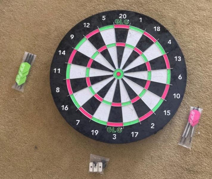 Bulk Lot of 52 Glow in the Dark Steel Tip Dartboard Sets & 52 Blacklight Bulbs MSRP $6,759