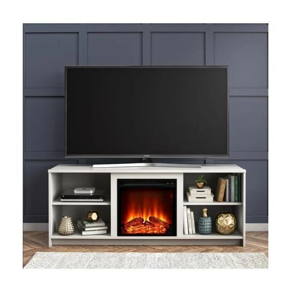 Furniture - White & Walnut Fireplace 65" TV Stands, 34in Antique Linen Vinyl Top Folding Card Table - MSRP $1,226