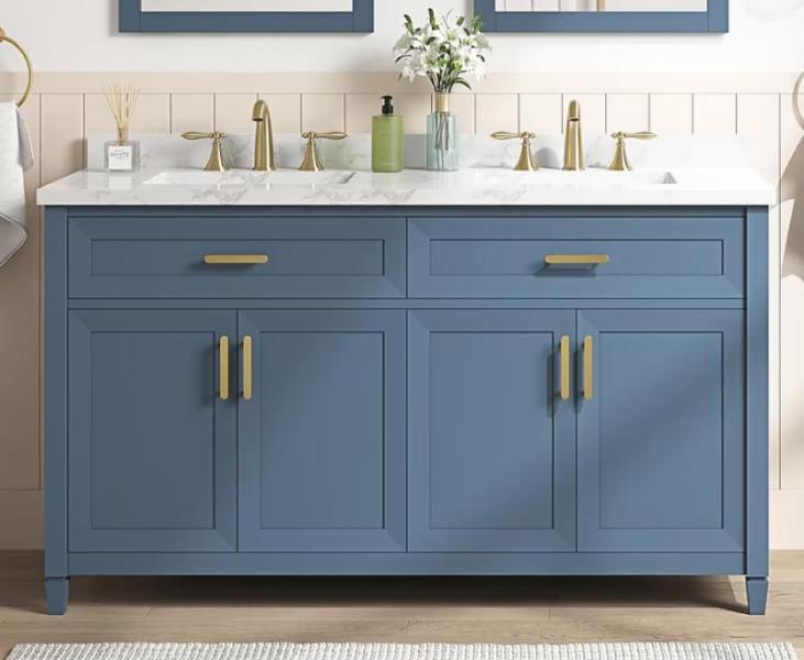 Allen+Roth Lancashire 60in Chambray Blue Double Sink Bathroom Vanity, 40.2inH Resin Electric Powered Rock - MSRP $2,027