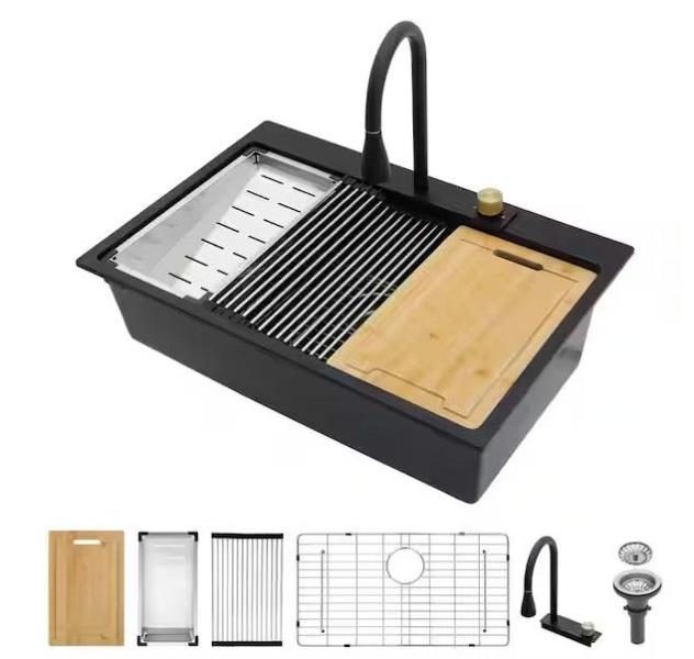 Plumbing - Kichae 33in Drop-in Single Bowl Workstation Kitchen Sink, AKDY, NTQ, Apollo, KeonJinn - Est Retail $1,650