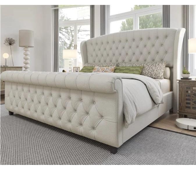 Housewares - Dulane Chenille Velvet Upholstered Sleigh Bed, 56in Patio Pellet Heater Outdoor, Table Lamp - MSRP $1,623