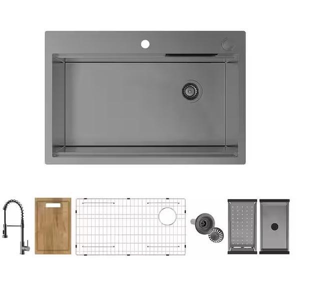 Plumbing- Glacier Bay 33in Drop-in Workstation Kitchen Sink, KeonJinn, Timussi, HDC, Rheem, GLSLAND - Est Retail $1,756