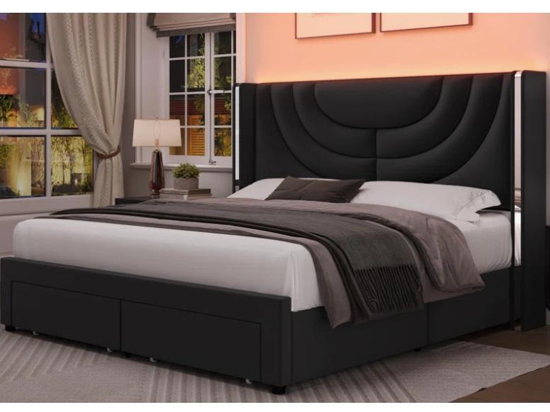 Furniture - Sturminster Velvet Wingback LED Light 2-Drawer Storage Bed, Arzhin Pippi Floating Shelves - MSRP $1,903