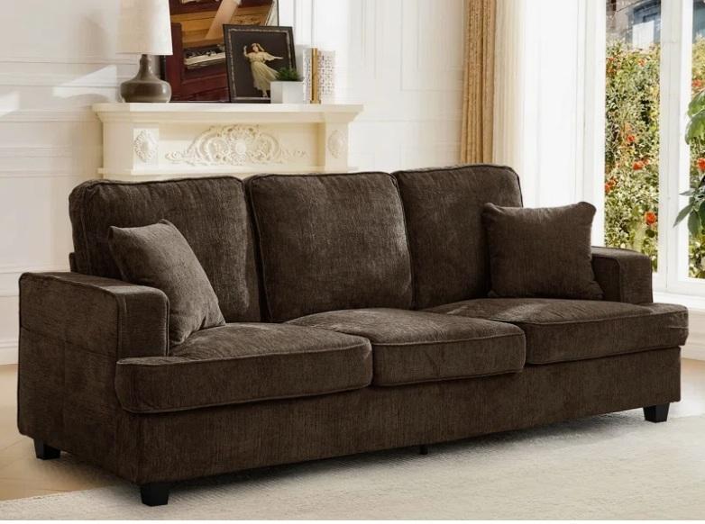 Furniture - Modern 3-Seater Chenille Upholstered Sofa, 4-Light Fabric Semi Flush Mount Ceiling Light - MSRP $1,314