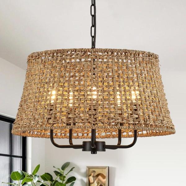 Home Improvement - YOMECOO Hand-Woven Rattan Chandelier, Outiron 16" Semi Flush Mount Ceiling 3-Light - MSRP $5,568