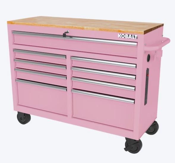 Kobalt 9-Drawers Rolling Pink Woodwork Bench, 40V 21in Brushless Battery Push Lawn Mower, Allen+Roth - MSRP $2,470