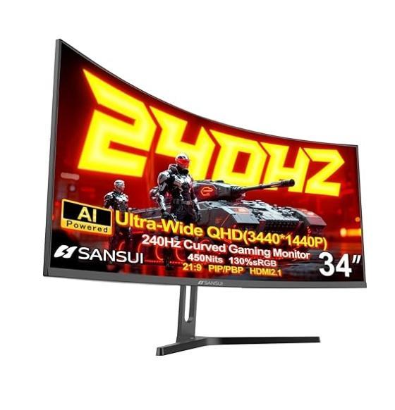 SANSUI 34in 240Hz Ultrawide UWQHD Gaming Monitor, Armordillo Honeycomb Mesh Style Front Grille, Tempera - MSRP $1,986