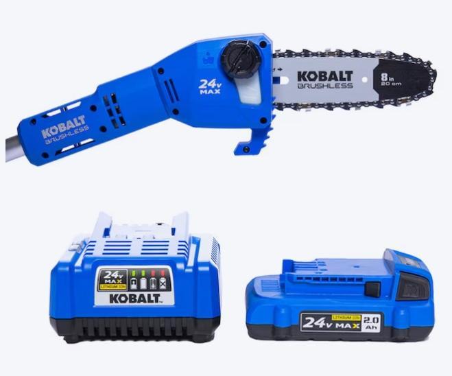 Kobalt 24V 8in 2Ah Electric Pole Saw, Style Selections 21.5inH Electric Powered Tiered Outdoor Fountain - MSRP $2,837