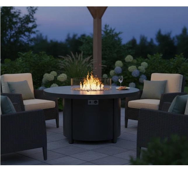 Furniture - Round Steel Outdoor Fire Pit Table w/Glass Guard, Chaise, Paden Coffee Tables, Dinning Chairs - MSRP $3,823