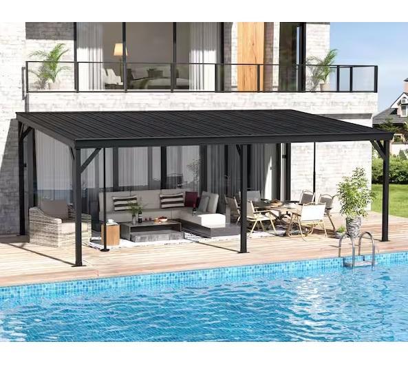 VEIKOUS 20ftx12ft Patio Cover Wall-Mounted Metal Pergola w/Sloped Roof - Est Retail $1,079