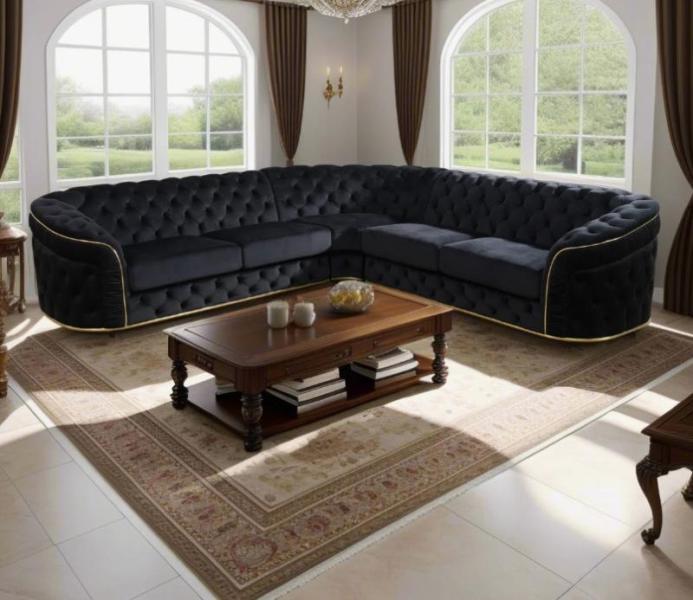 Furniture - 3pc Button Tufted Black Flannel Upholstered Sectional, Marina Outdoor Patio Teak Sofa - MSRP $4,998
