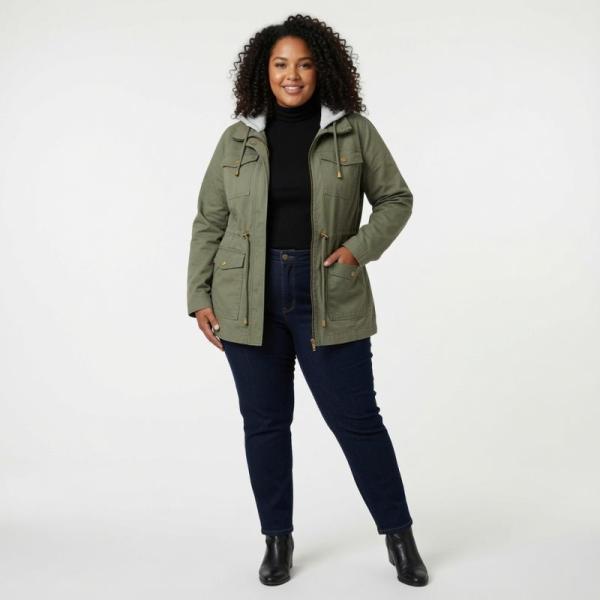 Yoki Women's Plus Size Olive Twill Contrast Hood Anorak Casual Utility MSRP: $5,250