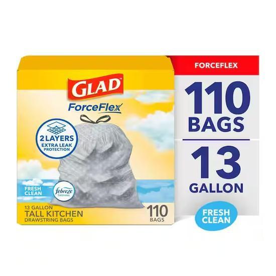 Glad 13 Gal. ForceFlex Tall Kitchen Drawstring Fresh Clean Scent with Febreze Trash Bags - Est Retail $1,817- 1plt