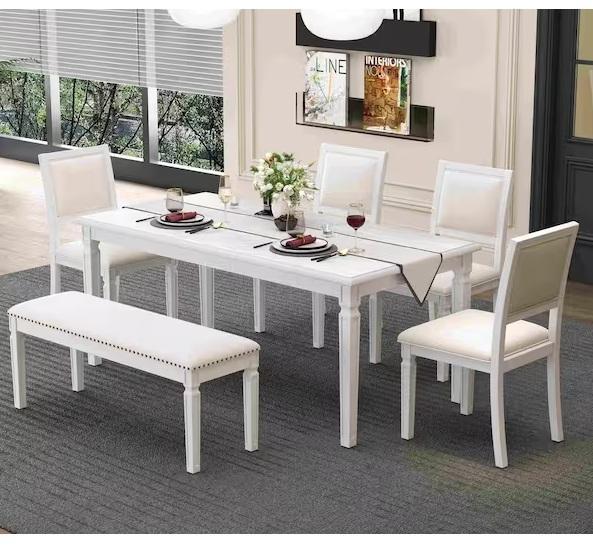 Polibi 6pc Rectangle Beige & White-Washed Wood Top Dining Room Set - Est Retail $1,357