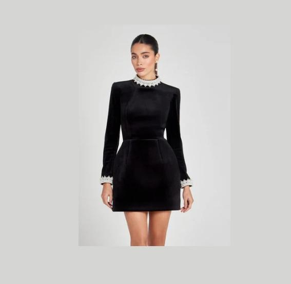 Audrina Long Sleeve Velvet Minidress, Black - Original MSRP $555