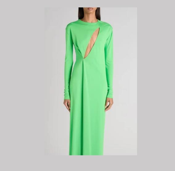 Slash Cutout Long Sleeve Fluid Jersey Gown, Green Clover - Original MSRP $3,750