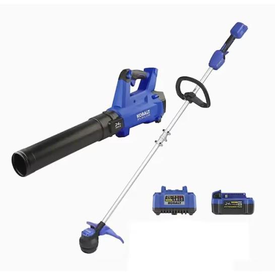 Kobalt 24V Blower/Trimmer Kit, Kobalt Cordless Reciprocating Saw, Project Source Wall Mount Hose Reel - MSRP $3,538