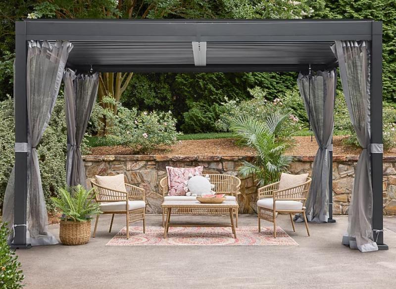 Allen+Roth Louvered Metal Freestanding Pergola, CRAFTSMAN Woodwork Bench, Project Source Dover Sink Vanity -MSRP $2,535