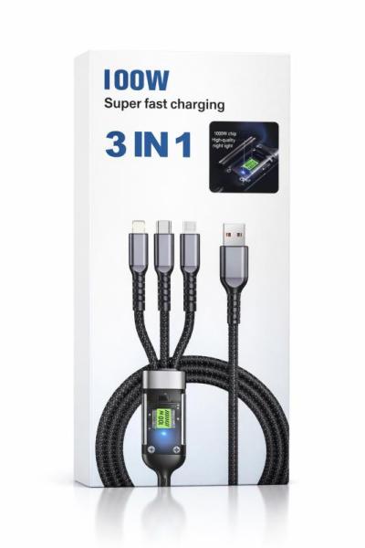 3 In 1 100W Super Fast Charging Data Cable Retail Pack