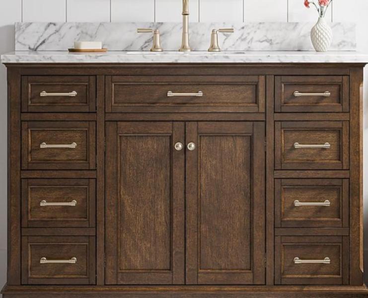 Allen+Roth Roveland 48in Deep Walnut Undermount Single Sink Bathroom Vanity, EGO POWER+ 56V Leaf Blower - MSRP $3,065