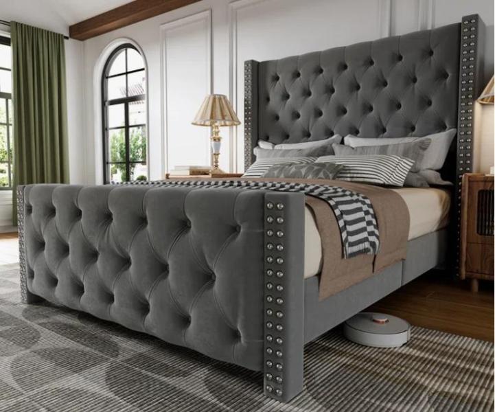 Housewares - Velvet Upholstered Wingback Bed Frame, Upholstered Platform King Bed Frame, Vintage Wall Art - MSRP $2,808