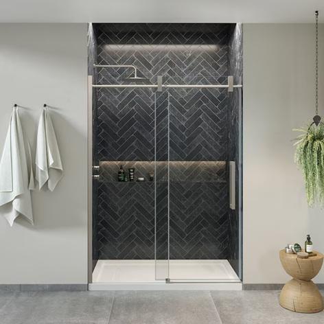 Pallet of allen + roth Bennet Satin Nickel Frameless Sliding Shower Doors - MSRP $4,734