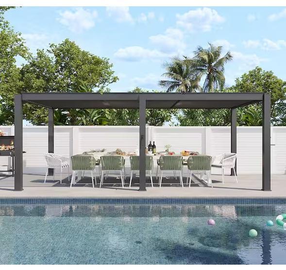 Sizzim 20ftx10ft Black Adjustable Louvered Metal Pergolas, Hand Crank Roof - Est Retail $1,846